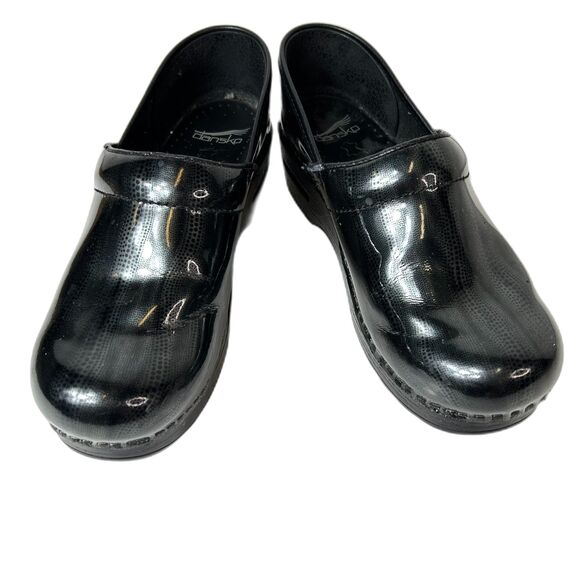 Dansko Black Silver Metallic Patent Flowing Dot Print Classic Clogs Sz 39/8.5-9 - Picture 1 of 11
